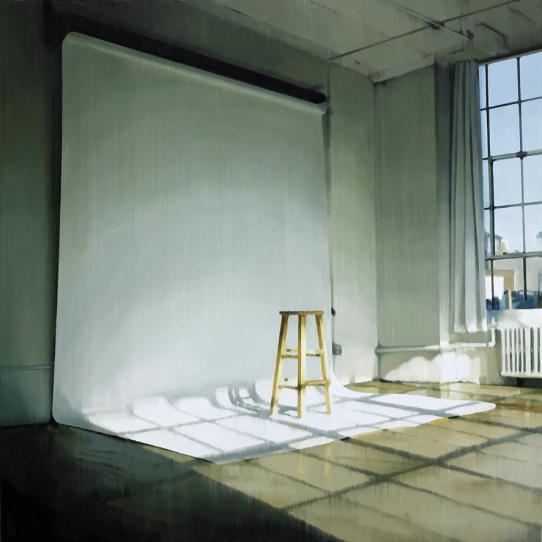 Studio with Stool 2022 oil on wood 105 x 105 cm - Jan Ros 
